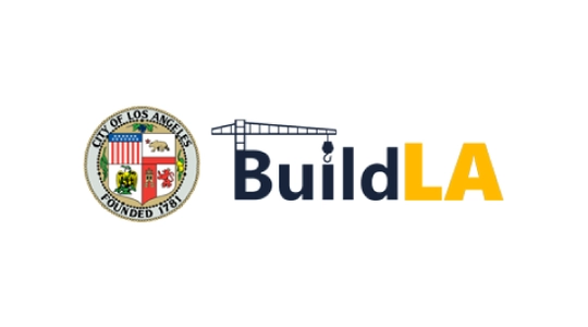 BuildLa logo has city seal and graphic with text