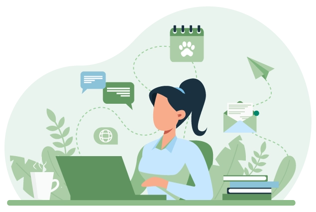 Image of a woman busy surrounded by small graphics